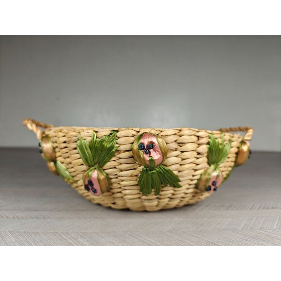 Vintage Woven Raffia Straw Round Casserole Basket With Fruit Accents Handles - Picture 2 of 9
